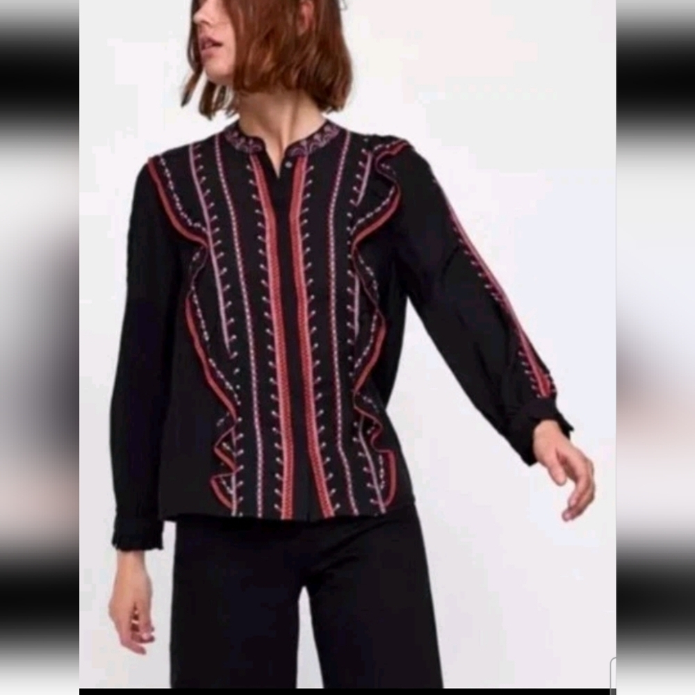 Zara Womens Black Embroidered Ruffled Button Front Boho Romantic Top M